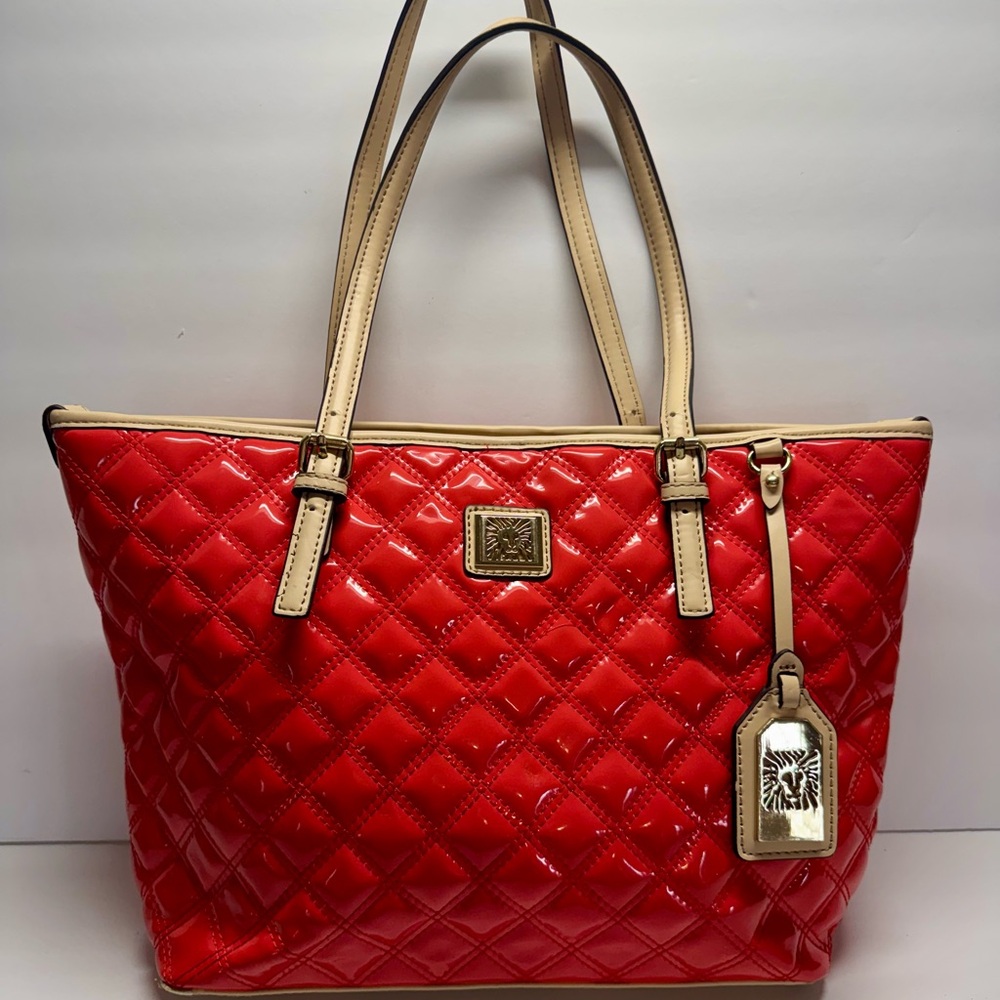 Anne Klein Bright Coral Patent Leather Quilted Tote with Tan Handles
